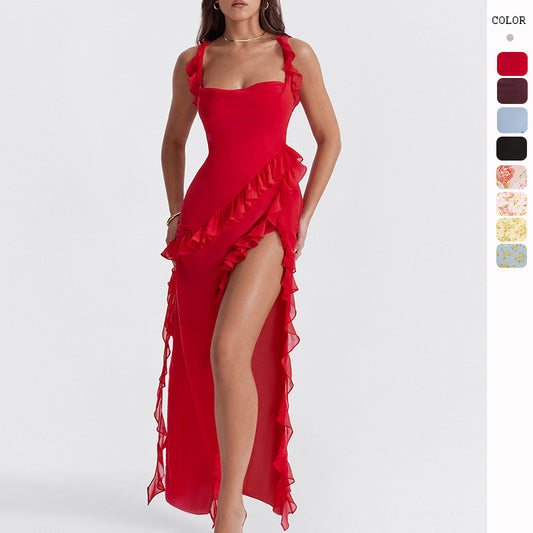Cross-border European And American 2024 Summer New French Sling Ear Edge Design Hot Girl Split Dress Dress Women