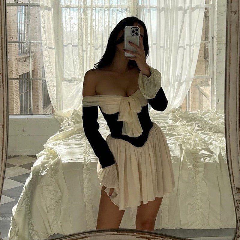 5506A European And American Style Sexy Off-Shoulder Waist-Tie Dress With Bell Sleeves And Color-Blocking Design For Women