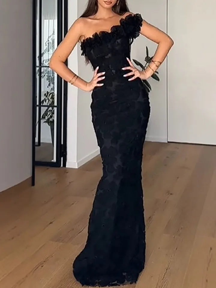 Elegant Slanted Shoulder Slim Fishtail Dress Fashion Floral Diamond Long Party Dress Women Sexy Sleeveless Solid Evening Dress