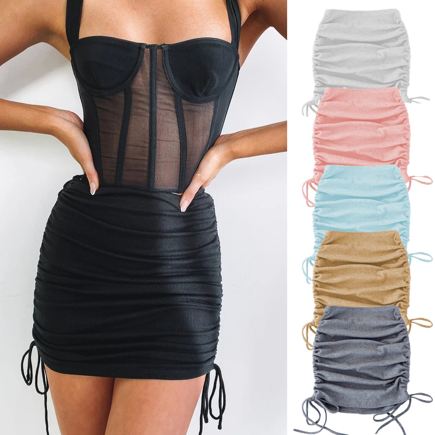 Ruched Drawstring Bodycon Mini Skirt – Multiple Colors
