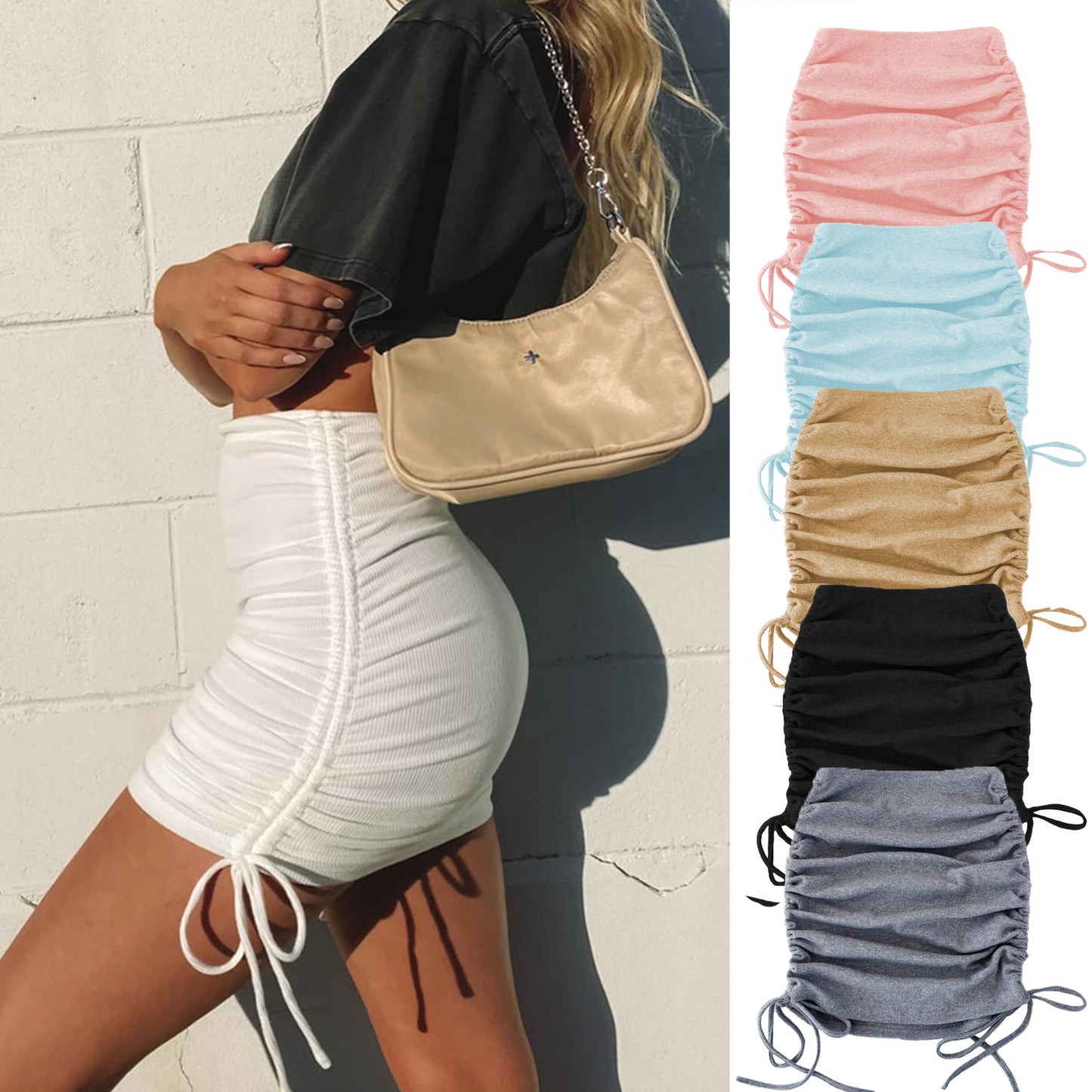 Ruched Drawstring Bodycon Mini Skirt – Multiple Colors