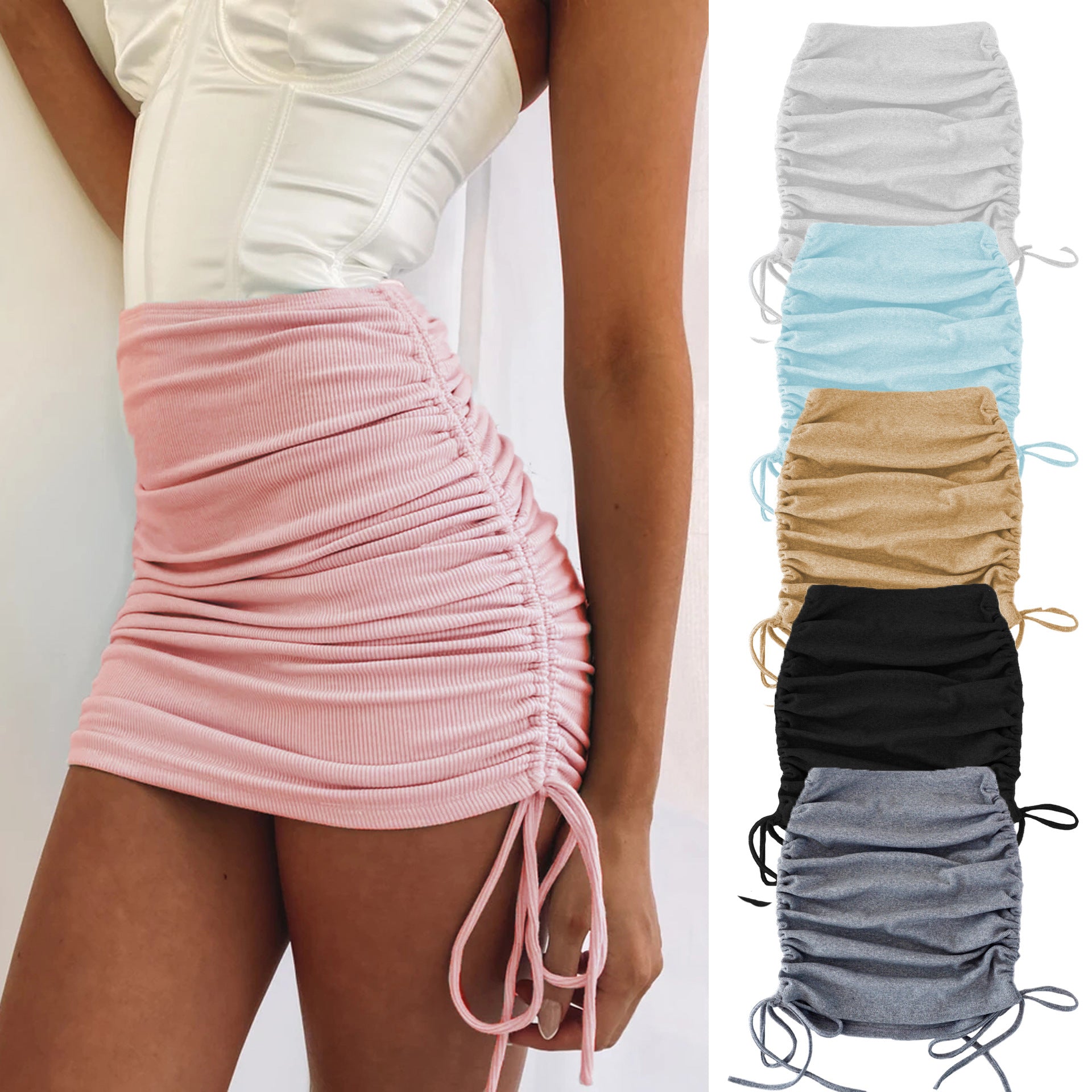 Ruched Drawstring Bodycon Mini Skirt – Multiple Colors
