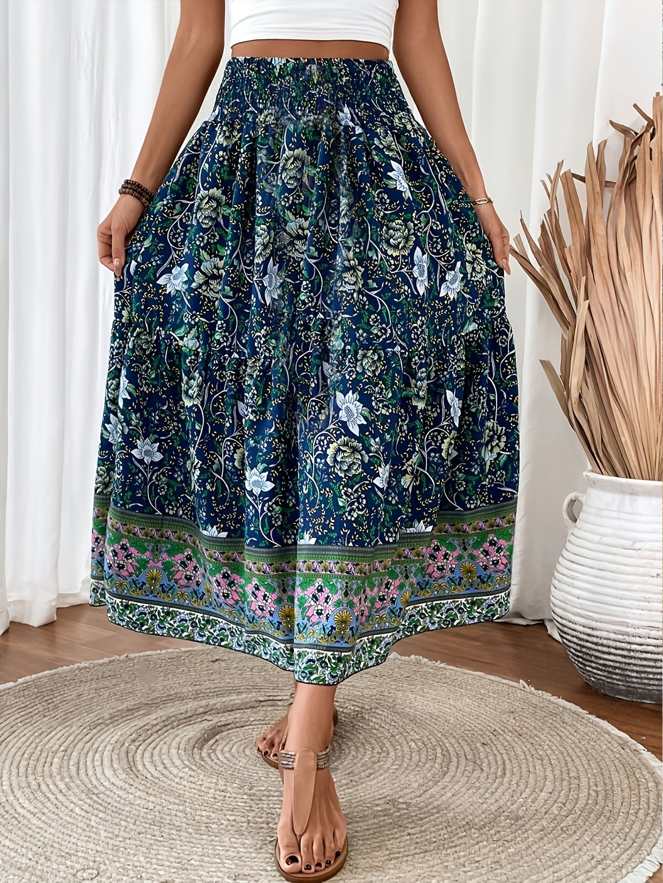 Boho Floral Maxi Skirt with Side Slit – Turquoise Bloom