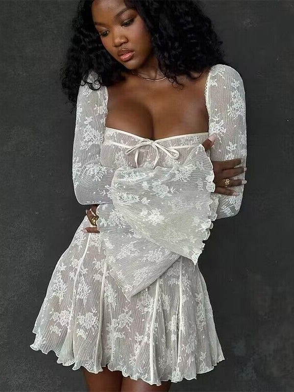 Ivory Lace Long Sleeve Mini Dress – Romantic Sheer Fit & Flare Party Dress