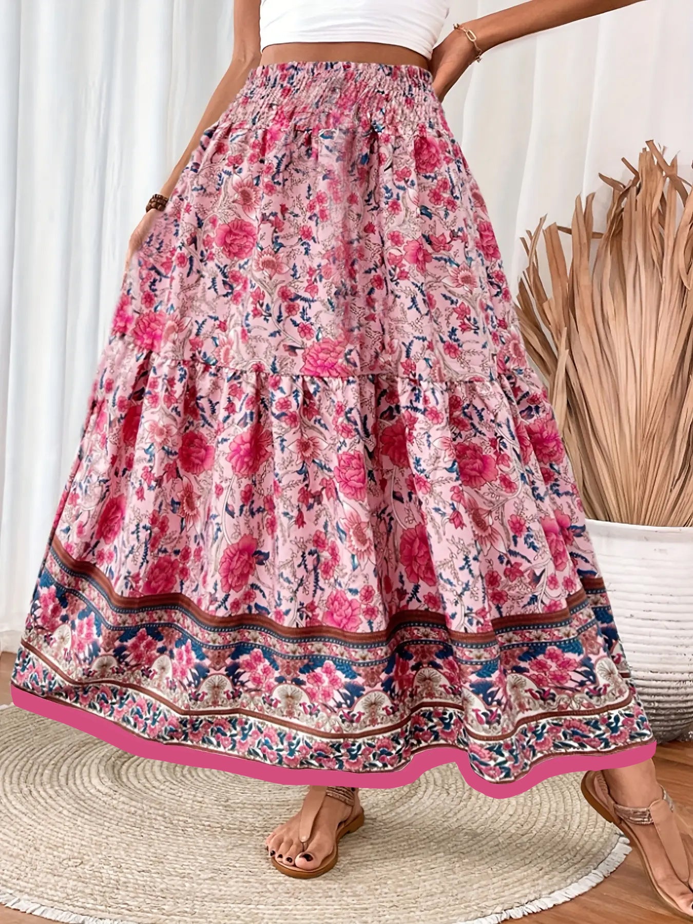 Boho Floral Maxi Skirt with Side Slit – Turquoise Bloom