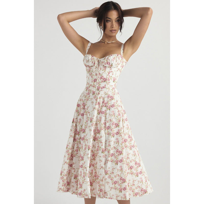 Floral Pink & White Summer Midi Dress with Front Slit – Elegant Corset Bodice