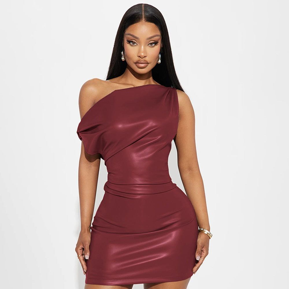 Burgundy One-Shoulder Faux Leather Bodycon Dress