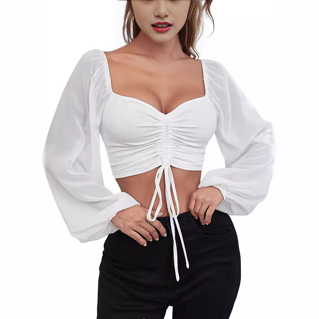 Ruched Long Sleeve Crop Top – Drawstring Front Blouse in Multiple Colors