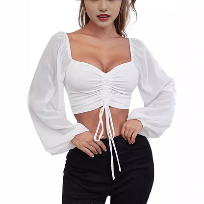 Ruched Long Sleeve Crop Top – Drawstring Front Blouse in Multiple Colors