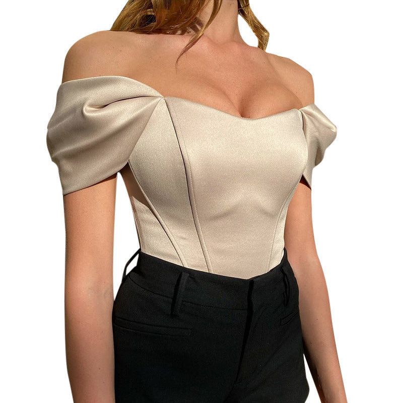 Satin Off-Shoulder Corset Top – Champagne Elegance