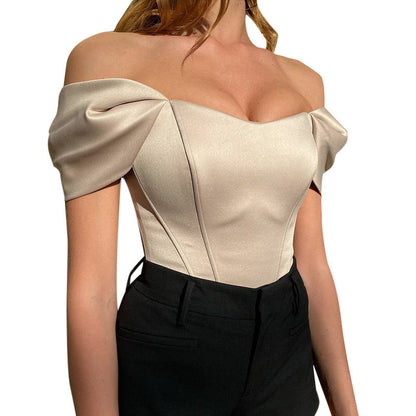 Satin Off-Shoulder Corset Top – Champagne Elegance