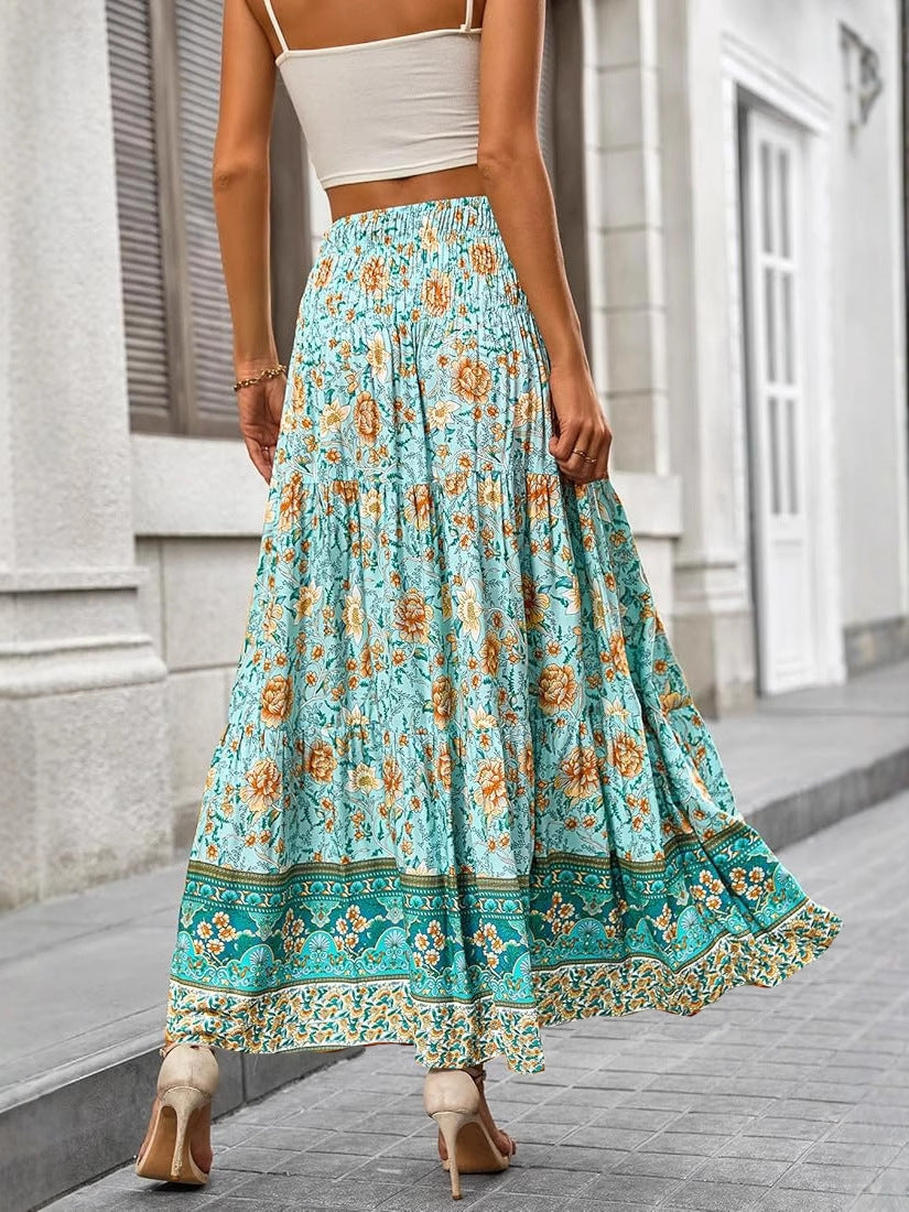 Boho Floral Maxi Skirt with Side Slit – Turquoise Bloom