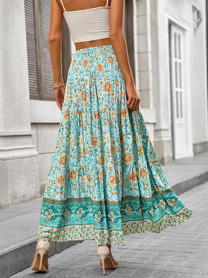 Boho Floral Maxi Skirt with Side Slit – Turquoise Bloom