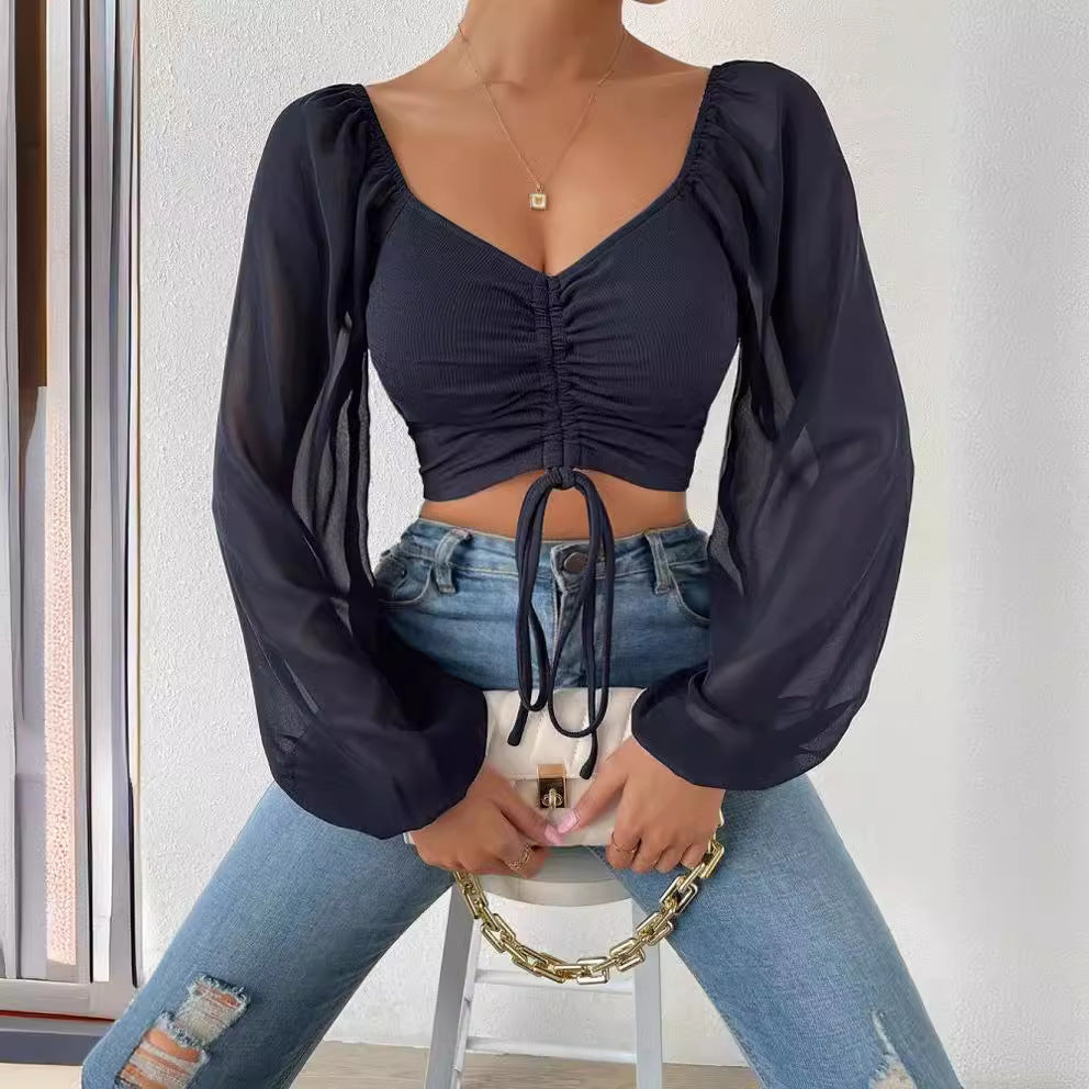 Ruched Long Sleeve Crop Top – Drawstring Front Blouse in Multiple Colors