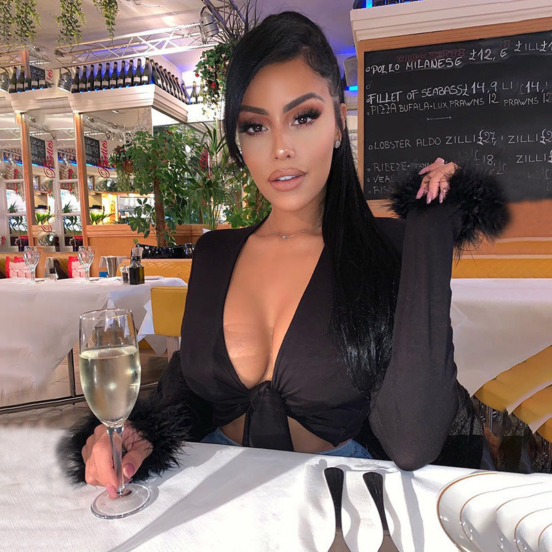 Pink Feather Trim Tie Front Top – Glam Long Sleeve Crop Blouse