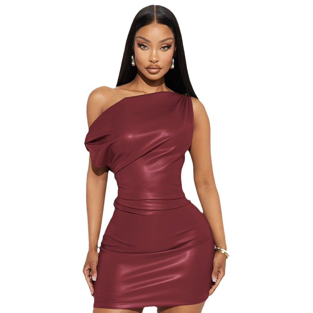 Burgundy One-Shoulder Faux Leather Bodycon Dress