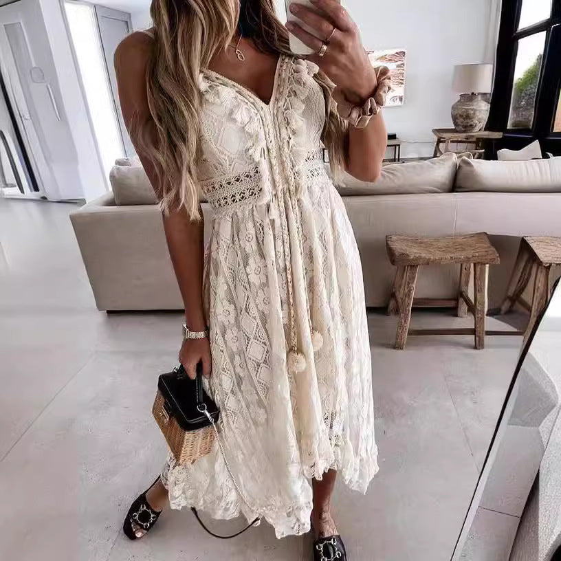 Boho Lace Maxi Dress with Spaghetti Straps