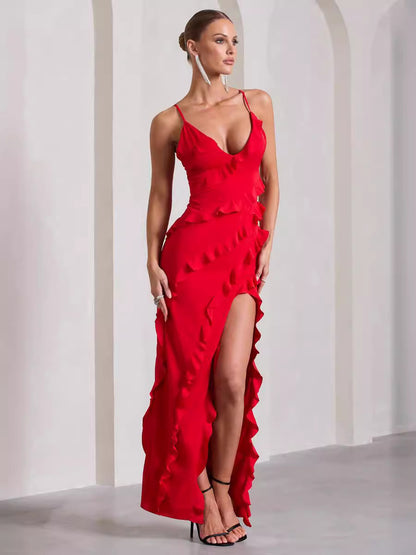 European And American 2025 Cross-Border Foreign Trade Women's Clothing Sexy V-Neck Ruffled Side Slit Backless Spaghetti Strap Dress Wholesale