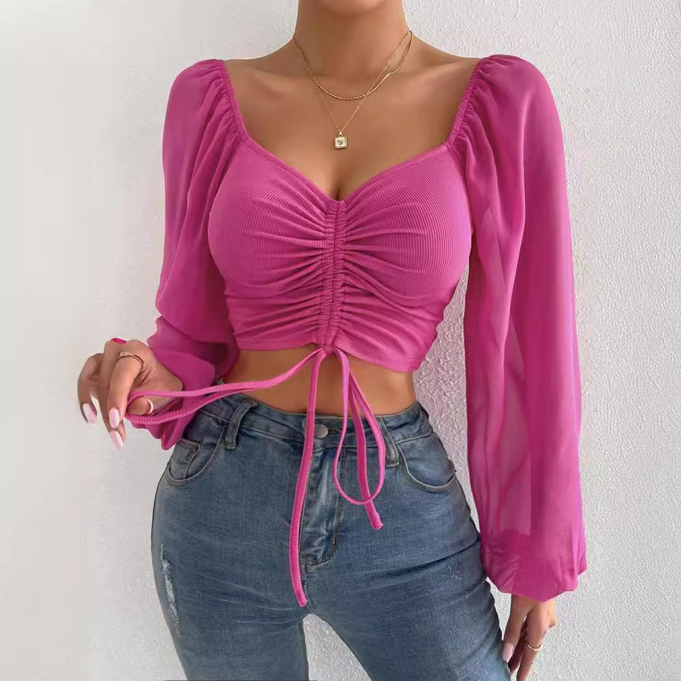 Ruched Long Sleeve Crop Top – Drawstring Front Blouse in Multiple Colors