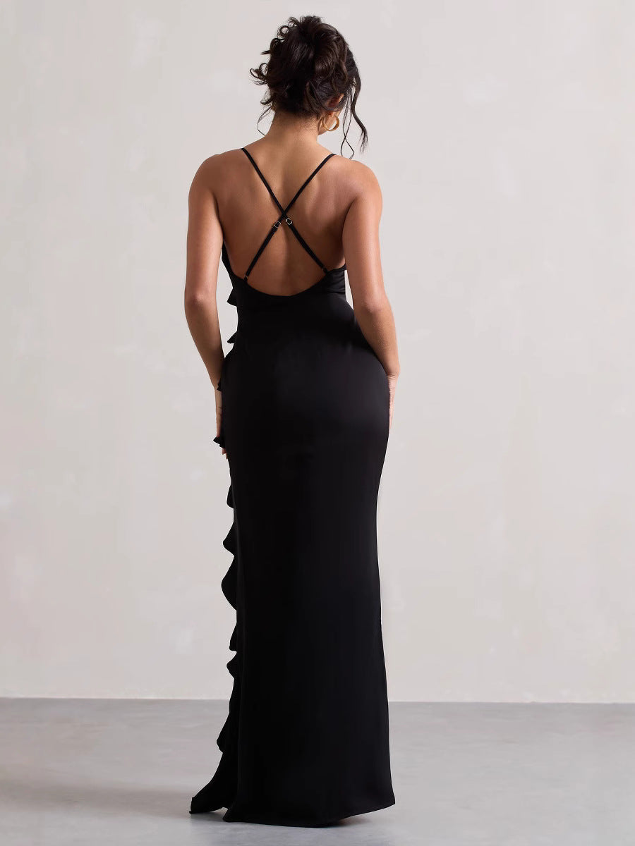 European And American 2025 Cross-Border Foreign Trade Women's Clothing Sexy V-Neck Ruffled Side Slit Backless Spaghetti Strap Dress Wholesale