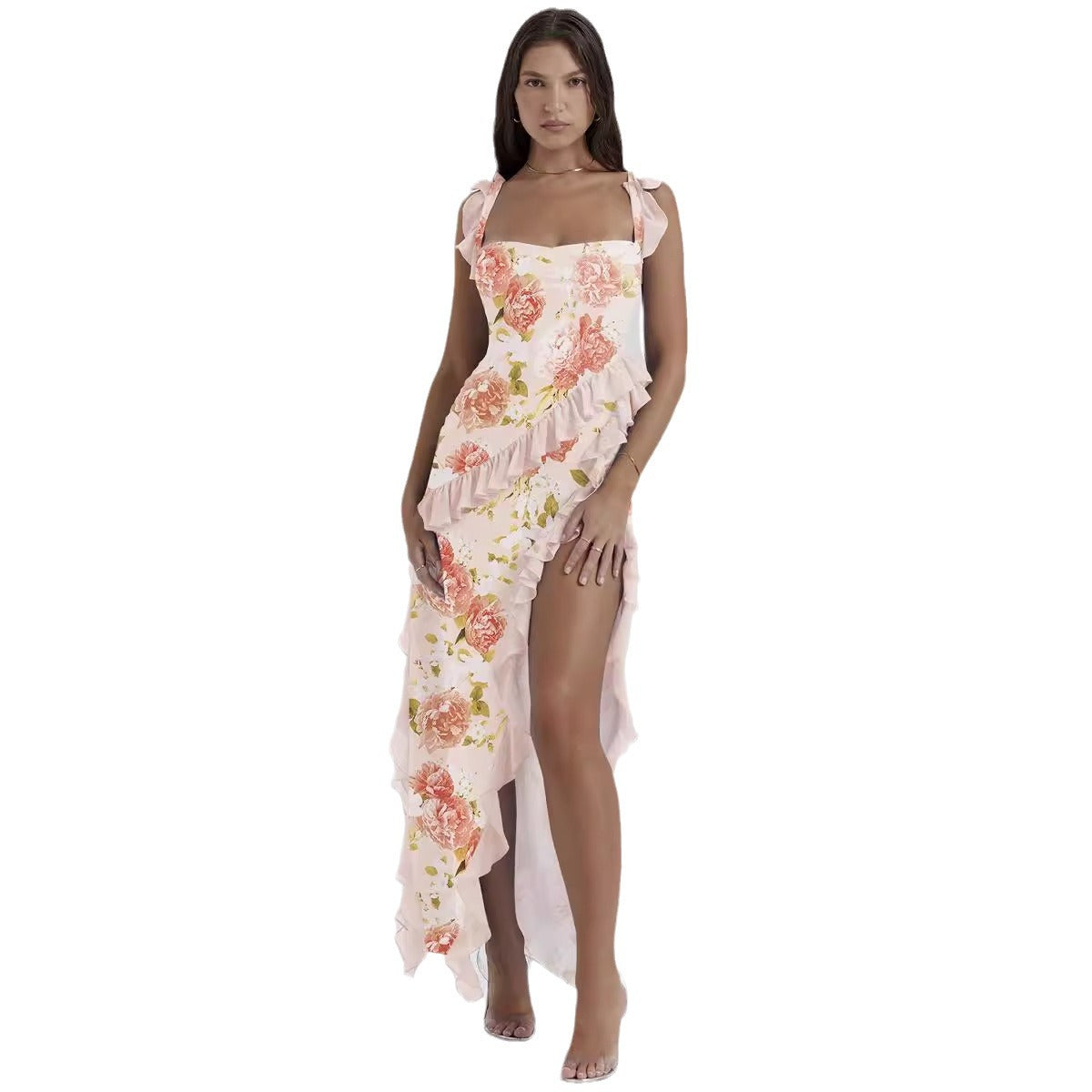 Cross-border European And American 2024 Summer New French Sling Ear Edge Design Hot Girl Split Dress Dress Women