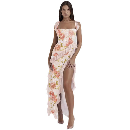 Cross-border European And American 2024 Summer New French Sling Ear Edge Design Hot Girl Split Dress Dress Women