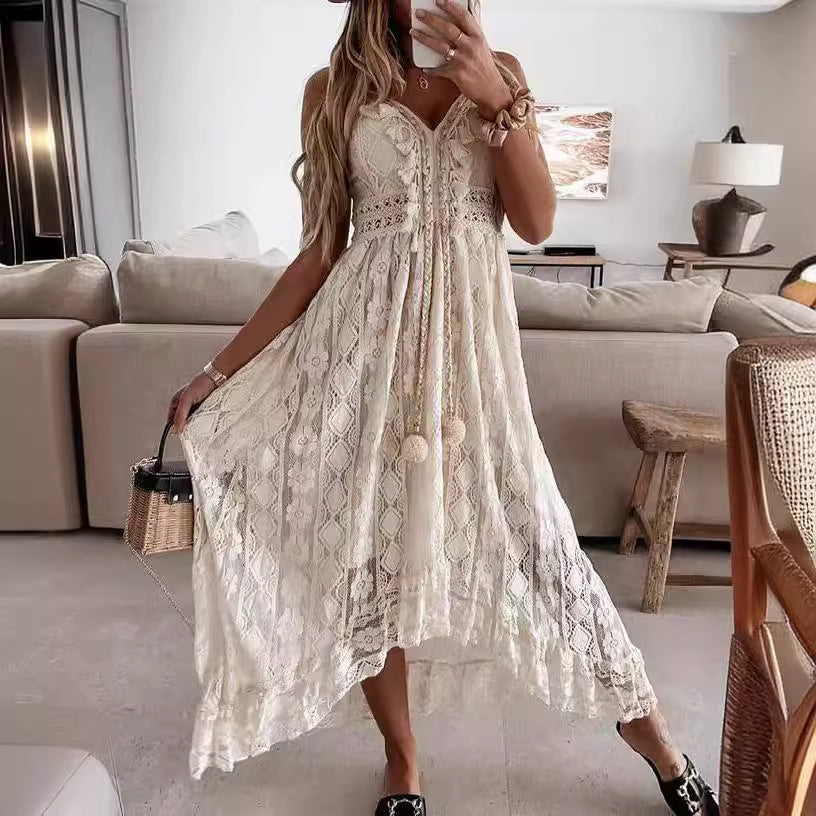 Boho Lace Maxi Dress with Spaghetti Straps