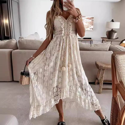 Boho Lace Maxi Dress with Spaghetti Straps