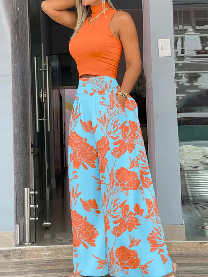 2025 Summer Fashion Printing Two Piece Set Women Casual Solid Sleeveless Tank Top Wide Leg Pants Two Piece Set Women