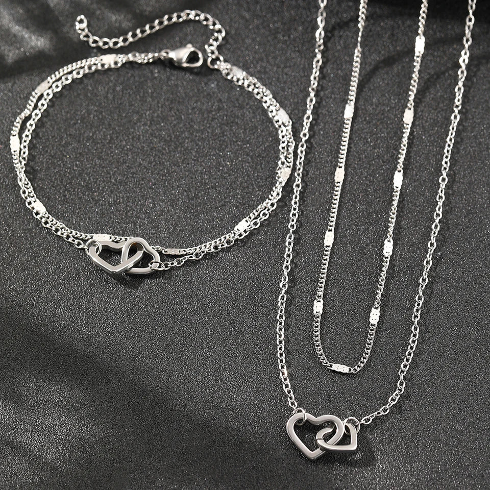 Stainless Steel Jewelry Sets High-end Atmosphere Love Bracelet Love Necklace Double Chain Design Jewelry Sets For Women Jewelry