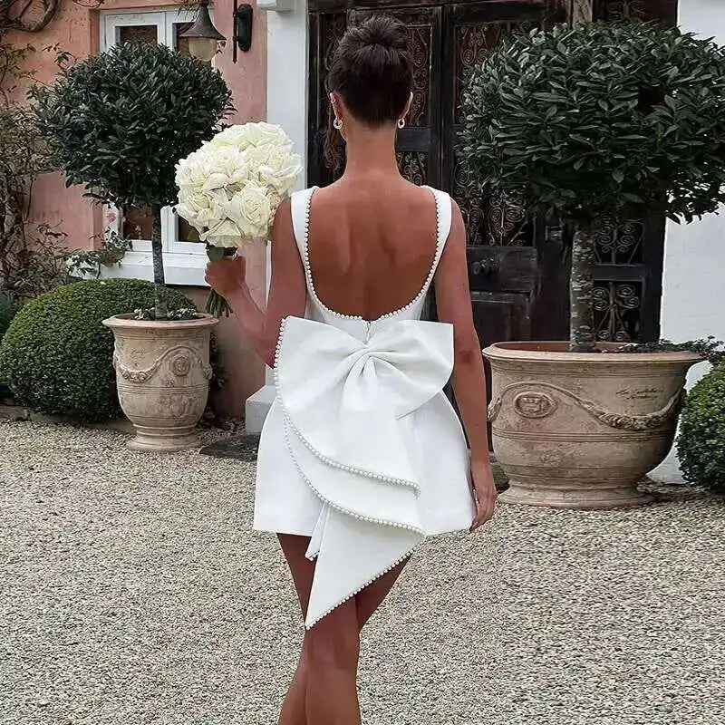 Townlike Bow Pearl Backless Sexy Party Dress Women Mini 2024 Summer Dress Elegant Waist Wrap A-line Dresses Vestidos