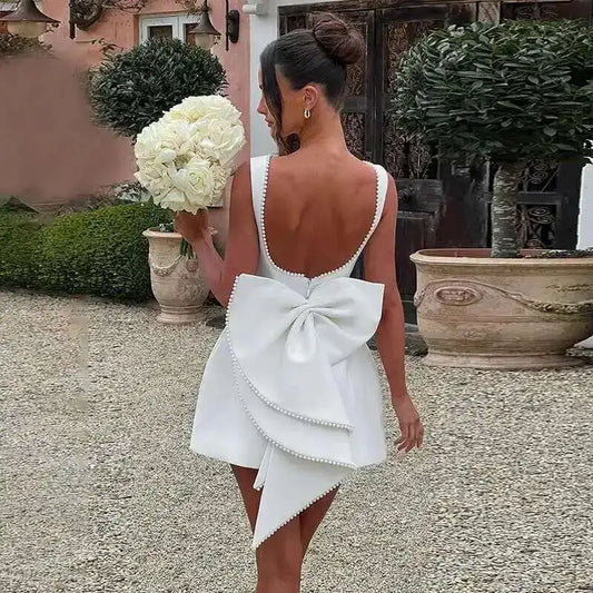 Townlike Bow Pearl Backless Sexy Party Dress Women Mini 2024 Summer Dress Elegant Waist Wrap A-line Dresses Vestidos