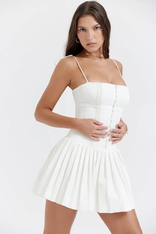 Elegant White Pleated Dress- Casual & Evening Wear for Women